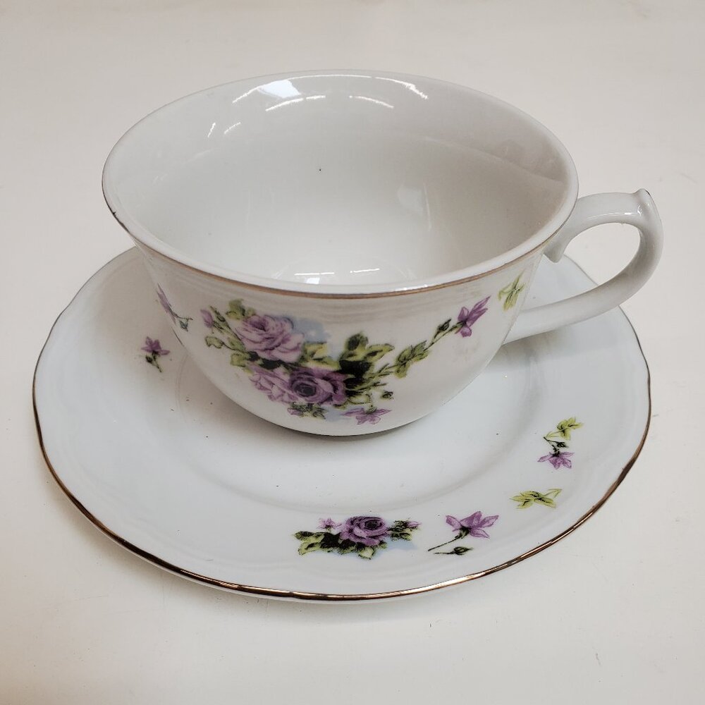 CIERA FINE CHINA ~ CUP & SAUCER ~ Purple Roses w/Gold Trim ~ Collectible Set of6
